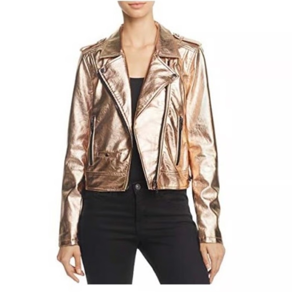 BLANKNYC vegan leather Gold Metallic Zip Biker Moto jacket size X Small